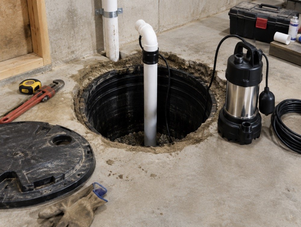 Sump pump installation in a Cleveland basement pit